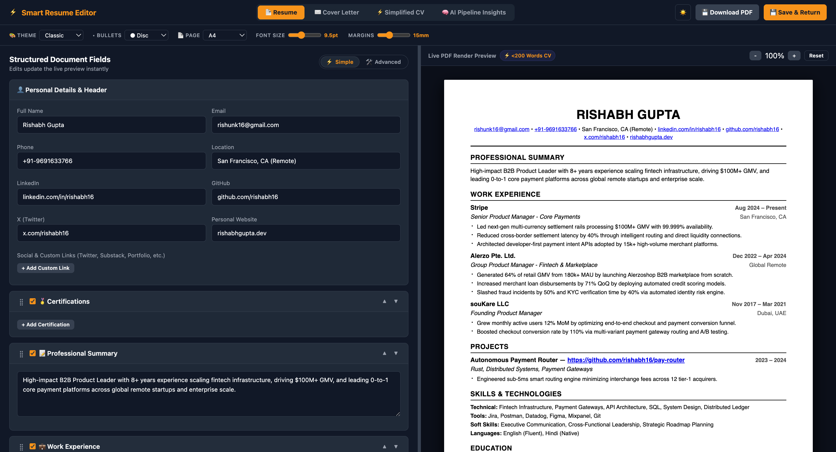 Split-screen editor with tailored content on the left and the live vector PDF preview on the right