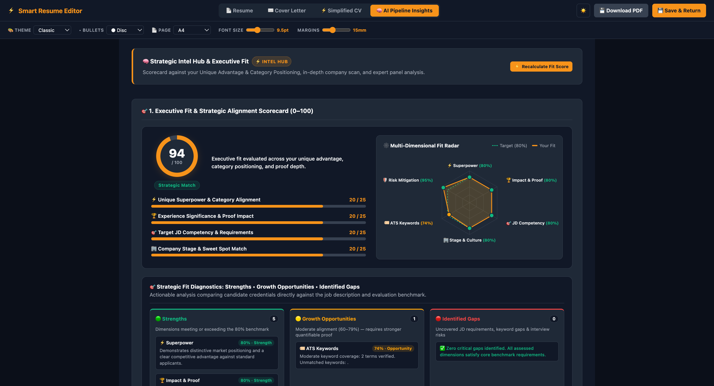 Smart Resume AI Strategic Intel Hub showing an executive fit score of 78 out of 100, company snapshot, mined vault evidence with STAR story references, and company intelligence briefs