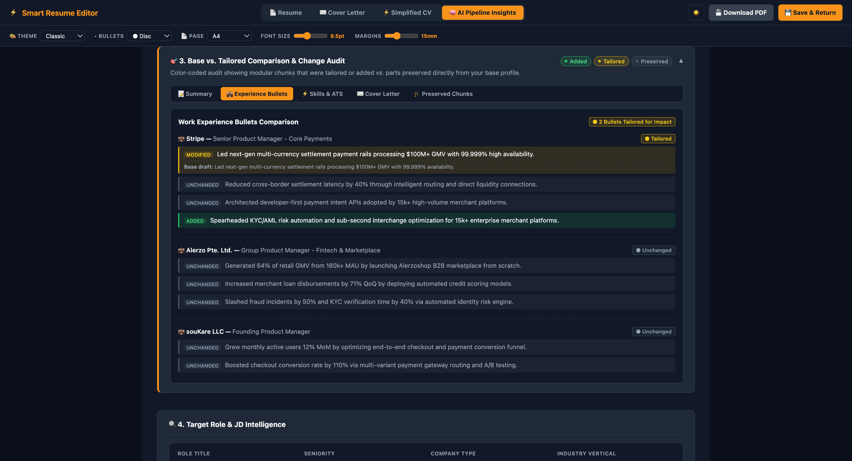 Visual diff comparison between base master profile and AI-tailored resume