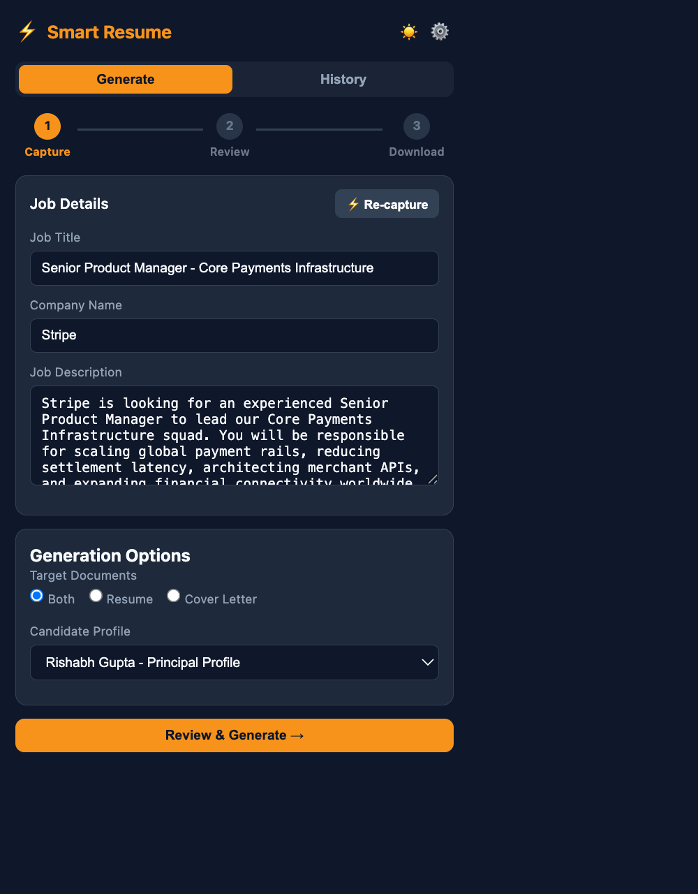 Popup wizard showing the captured job description fields and the live five-stage progress stepper