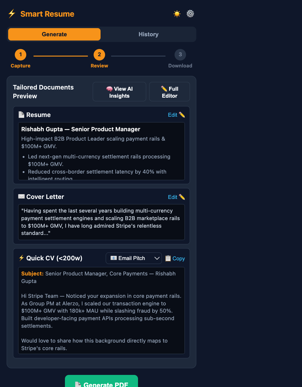 Popup review step showing tailored resume summary and the sub-200-word Quick CV with email pitch and hiring manager DM tabs