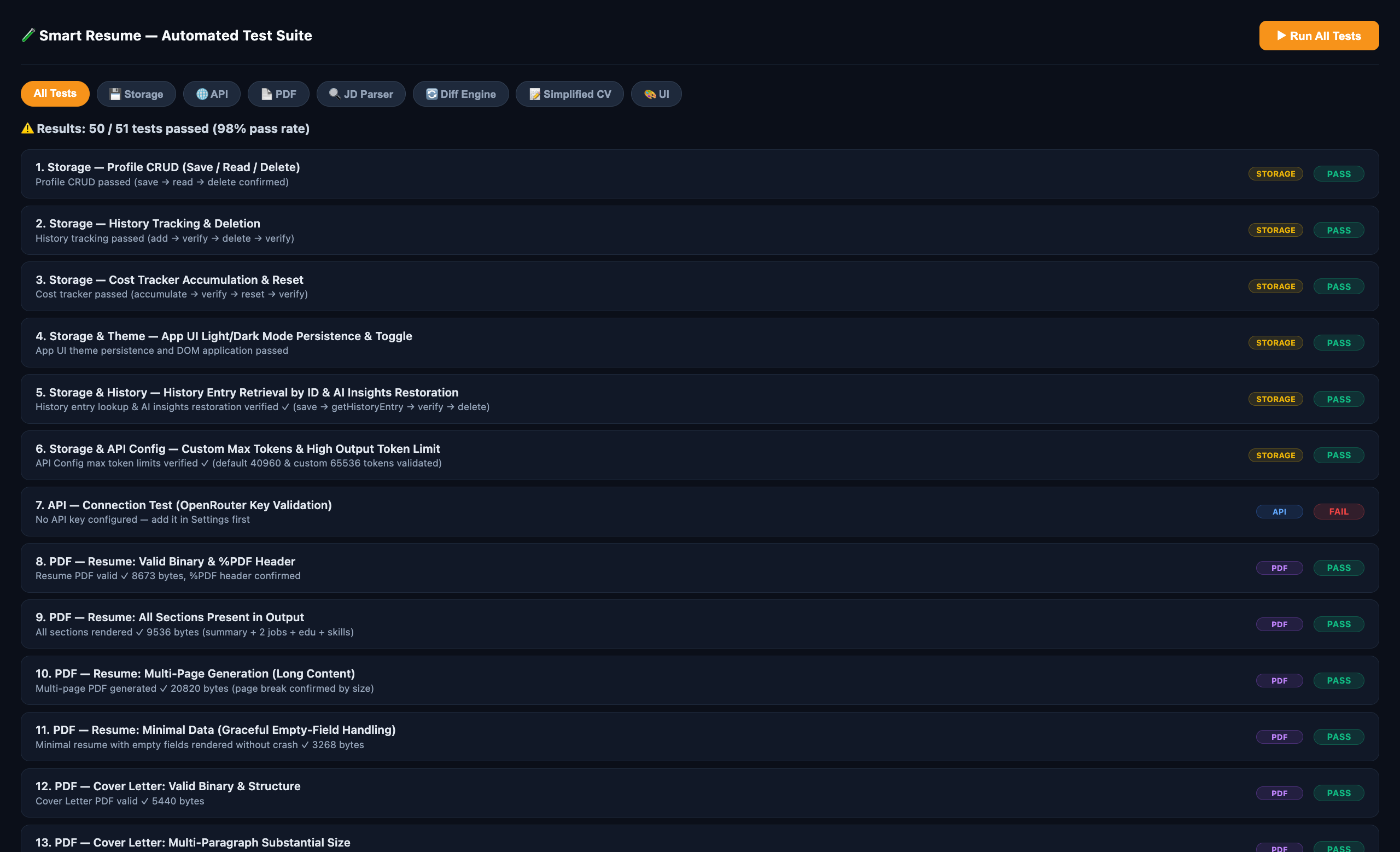 In-browser diagnostic test runner showing 49 tests with 49 passed and zero failed, grouped by category including anti-hallucination and radar analytics