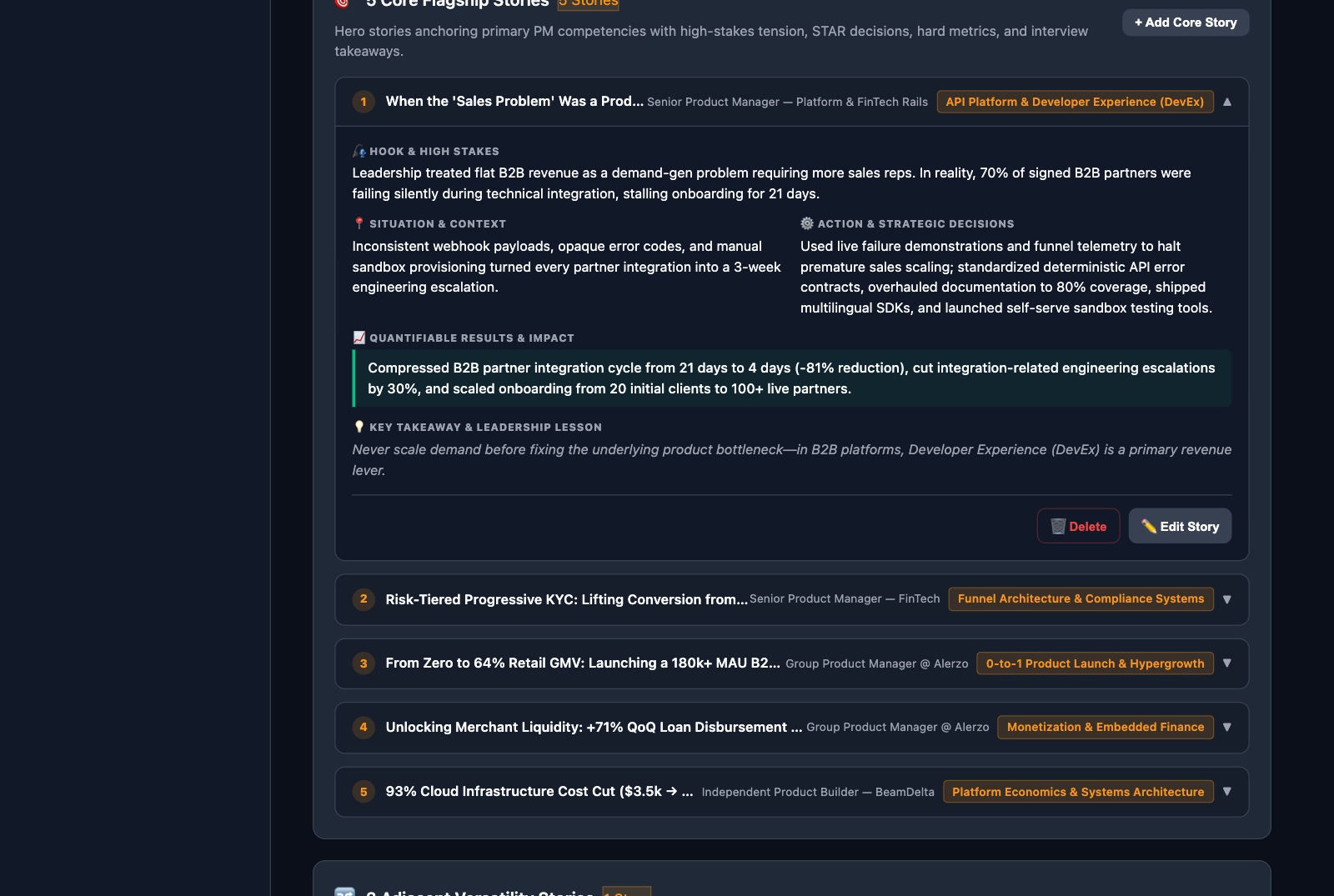 Experience Vault showing prioritized STAR stories with situation, task, action, result and verified metrics