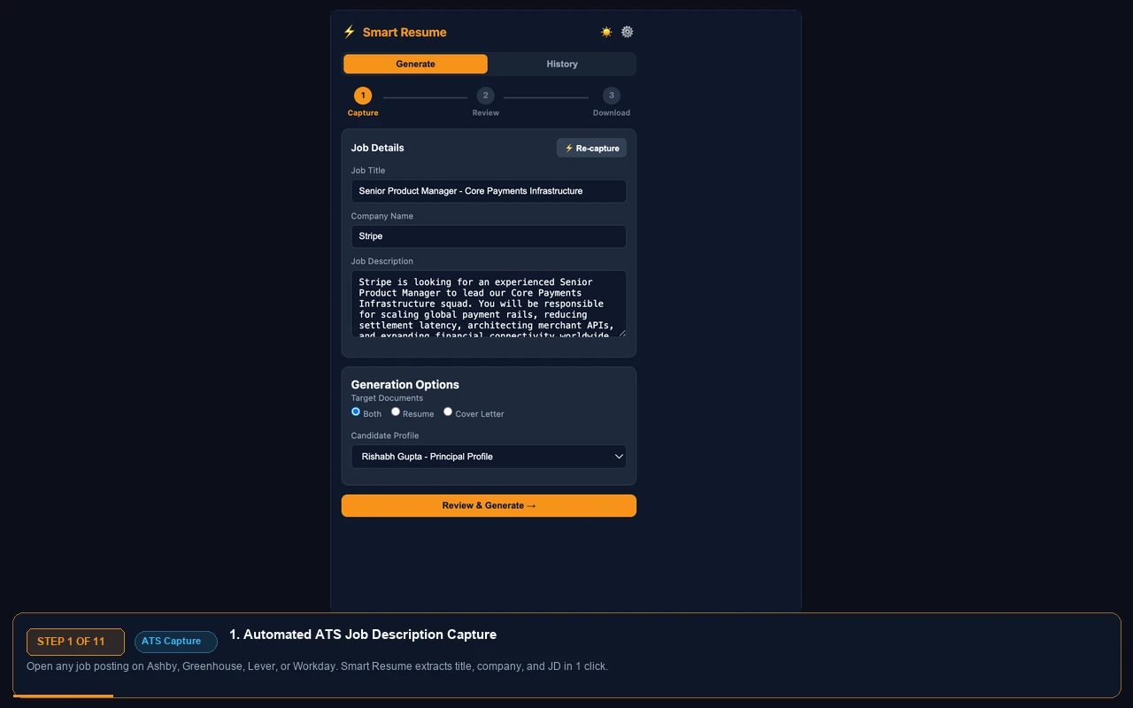 Animated walkthrough: reading a job description on an ATS site, capturing it, running the five-stage pipeline, reviewing diffs, and exporting the vector PDF