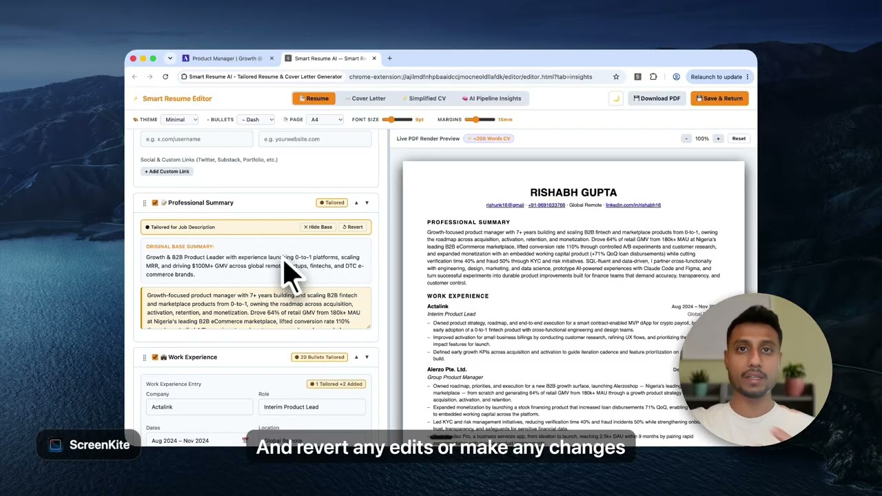 Paused frame of the product tour video: the Smart Resume editor showing the tailored resume next to the original posting